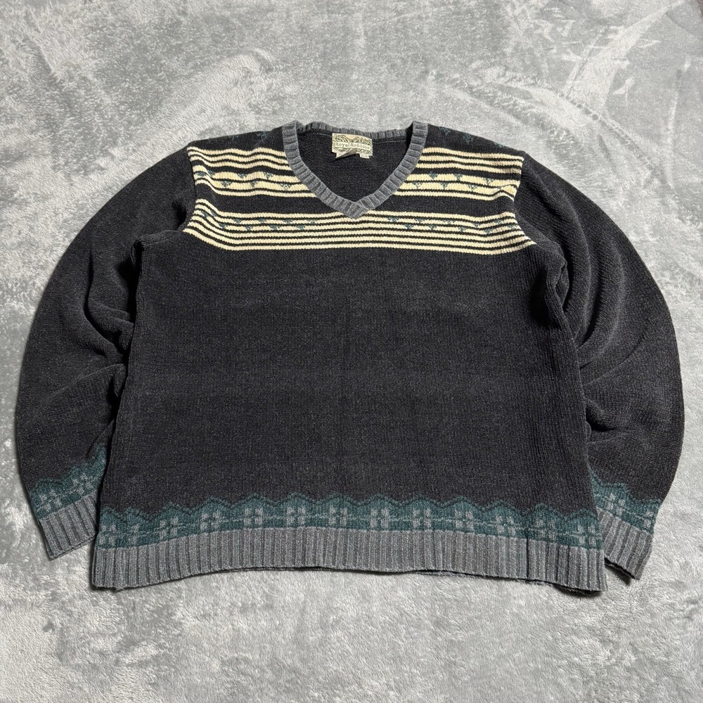 VTG 90s Royal Robbins Womens Knit Sweater V Neck Geometric Print Size M Grandma